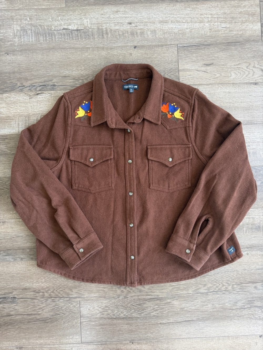 Toad&Co Brown Button-Up Jacket with Yellow and Blue Floral Embroidery